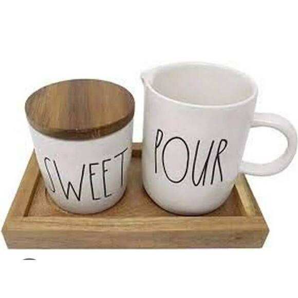 Rae Dunn "SWEET POUR" 3 Piece Set Japanese Style Wood Lid & Tray - Picture 2 of 2